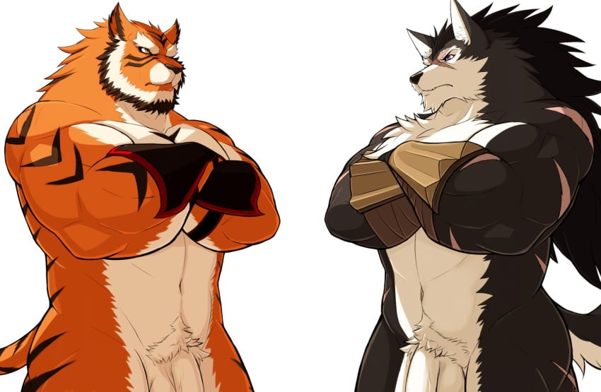 anthro balls biceps big_muscles body_markings canine crossed_arms drks duo feline flaccid fur hat male male_only mammal markings muscles nude orange_fur penis plain_background purple_eyes raihi rouen scar shining_(series) shining_wind stripes tiger video_games white_fur wolf yellow_eyes