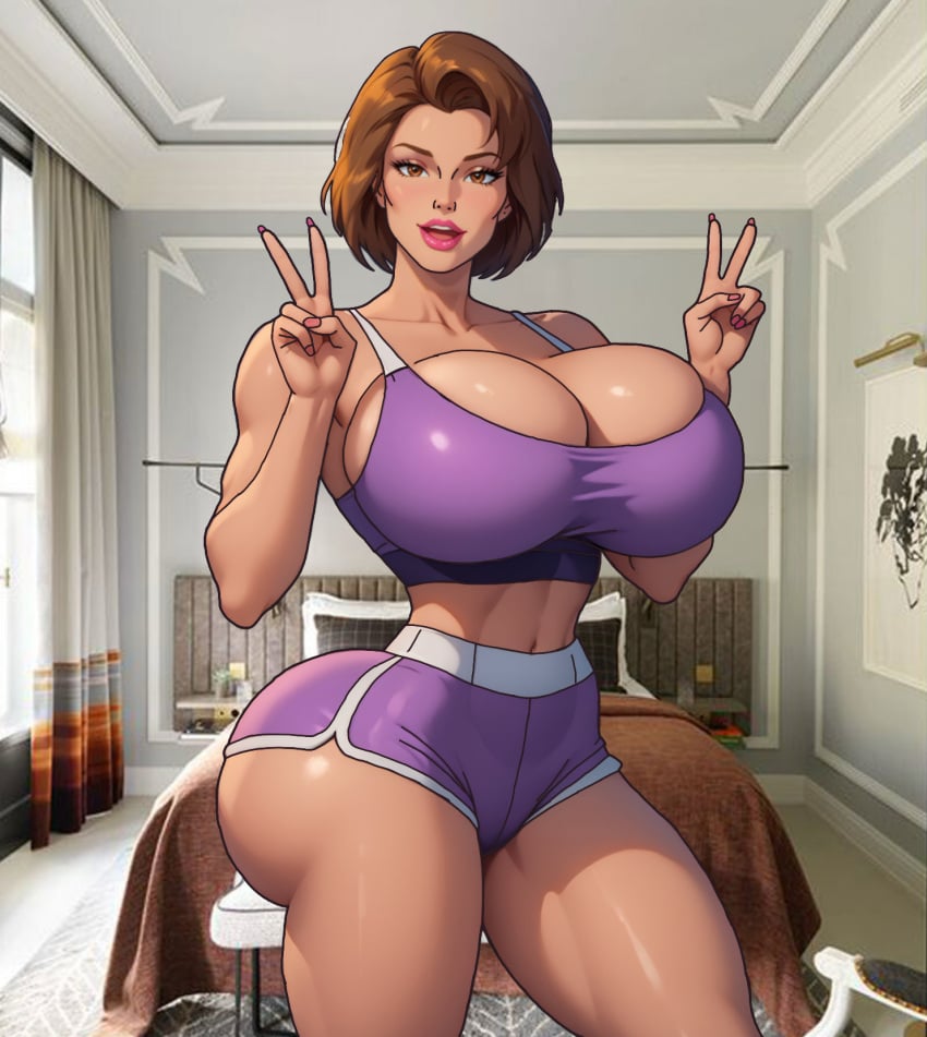 ai_generated bedroom big_breasts brown_eyes brown_hair female female_only jennifer_walters lipstick looking_at_viewer marvel marvel_comics paulinebabe pink_fingernails purple_bra purple_shorts she-hulk