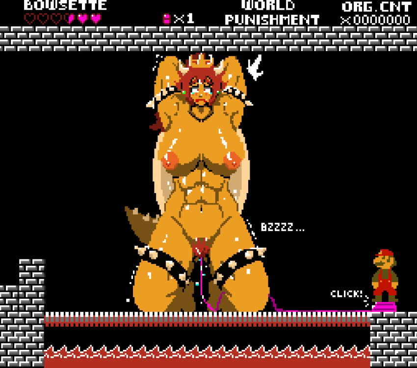 abs alternate_species animal_humanoid animal_tail areola big_breasts black_background blush bodily_fluids bowser bowsette bracelet breasts crown digital_media_(artwork) duo female genitals hair hands_behind_head headgear hi_res horn horned_humanoid huge_breasts human humanoid jewelry kneeling koopa_humanoid larger_female macro male mammal mario mario_(series) meme muscular muscular_female navel nintendo nipples nude orange_areola orange_nipples penetration pixel_(artwork) pubes pussy red_eyes red_hair red_pubes rule_63 scalie scalie_humanoid sex_toy sex_toy_in_pussy sex_toy_insertion simple_background size_difference spiked_bracelet spiked_tail spikes spikes_(anatomy) super_crown super_mario_bros._(nes) surosurorx79g tail tailed_humanoid tan_body tan_horn tan_skin tears text thick_thighs vaginal_penetration vibrator vibrator_in_pussy wide_eyed wide_hips