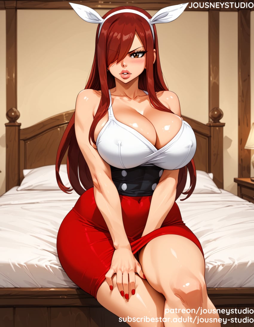 ai_generated animal_ears bangs bare_shoulders bed bed_sheet bedroom blush breasts brown_eyes clavicle cleavage clothing covered_navel crossed_legs curtains curvaceous curvy_female dress erza_scarlet fairy_tail fake_animal_ears female female female_only fingernails hair_over_one_eye hairband headwear huge_breasts indoors jousneystudio large_breasts light-skinned_female light_skin lips lipstick long_hair looking_at_viewer makeup mature mature_female microdress nail_polish on_bed parted_lips pillow red_dress red_eyes red_hair red_lips red_nails red_skirt shiny_skin shirt short_dress sitting skirt sleeveless_dress smile solo thick_thighs thighs underwear very_long_hair voluptuous white_hairband wide_hips window