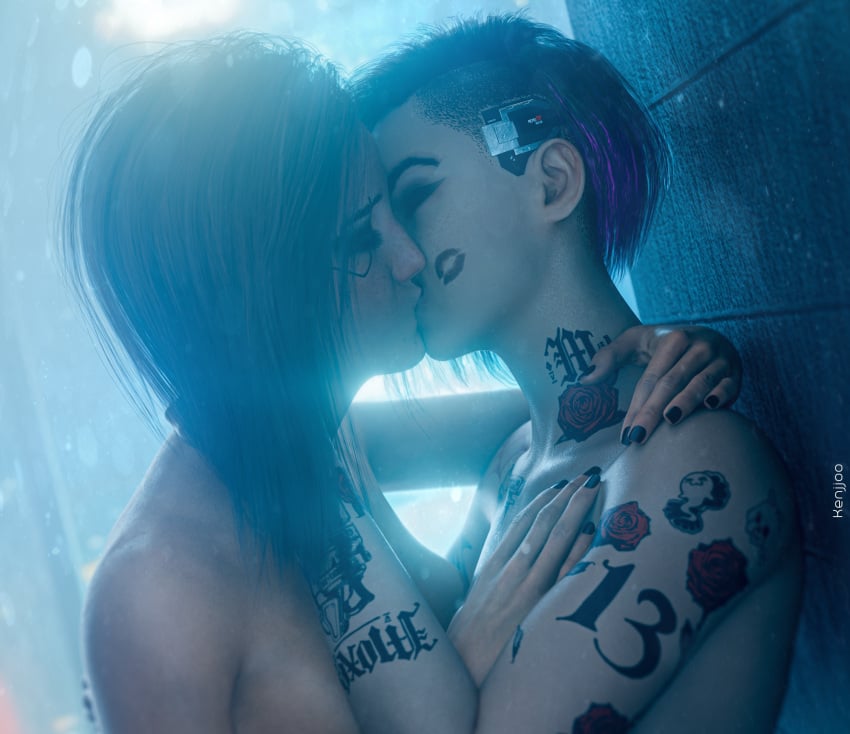 2girls 3d 3d_(artwork) blender blender_(artwork) blender_(software) blender_cycles cd_projekt_red cyberpunk_2077 fit fit_female hi_res highres hugging judy_alvarez kenjjoo kiss_mark kissing kissing lesbian_couple lesbian_kiss night passionate romantic self_upload valerie_(cyberpunk_2077) yuri yuri