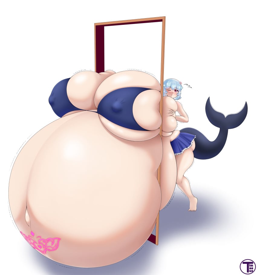 bao_(vtuber) blush gigantic_belly gigantic_breasts hyper_belly hyper_breasts hyper_pregnancy indie_virtual_youtuber logo nipple_bulge one_eye_closed pregnant pubic_tattoo shylily shylily_(cosplay) skindentation skirt stuck stuck_in_door thick_thighs timaeus virtual_youtuber wide_hips