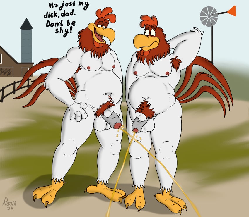 absurd_res anthro armpit_hair armpit_tuft avian balls belly bird bodily_fluids body_hair chicken duo father_(lore) father_and_child_(lore) father_and_son_(lore) foghorn_leghorn galliform gallus_(genus) genital_fluids genitals hand_behind_head hi_res leghorn_chicken looney_tunes male male/male nipples nude parent_(lore) parent_and_child_(lore) parent_and_son_(lore) peeing peeing_together penis phasianid pubes rasik shy slightly_chubby slightly_chubby_male son_(lore) urine warner_brothers watersports