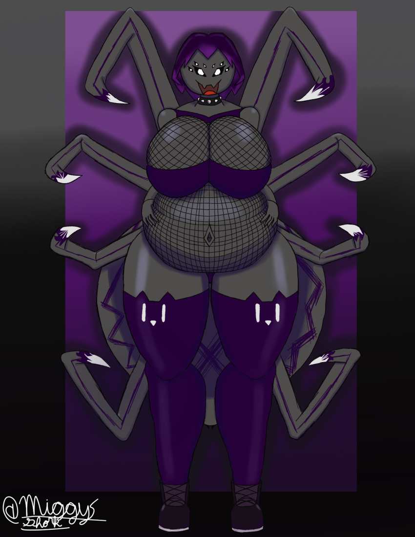 animal_humanoid arachnid arachnid_humanoid arthropod arthropod_humanoid belly breasts clothing female fishnet_clothing hi_res humanoid miggyshork original_character overweight solo spider spider_humanoid thick_thighs