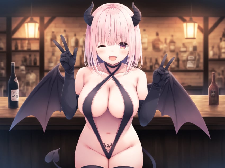 ai_generated alcohol arm_gloves black_arm_gloves black_horns black_thighhighs blush bottle brick_wall choker counter criss-cross_halter demon_girl demon_horns demon_tail demon_wings double_peace_sign fangs lamp large_breasts legs_together medium_hair navel one_eye_closed open_mouth peace_sign pink_eyes pink_hair roof slingshot_swimsuit succubus succubus_tattoo tattoo tattoo_on_waist tavern thighhighs