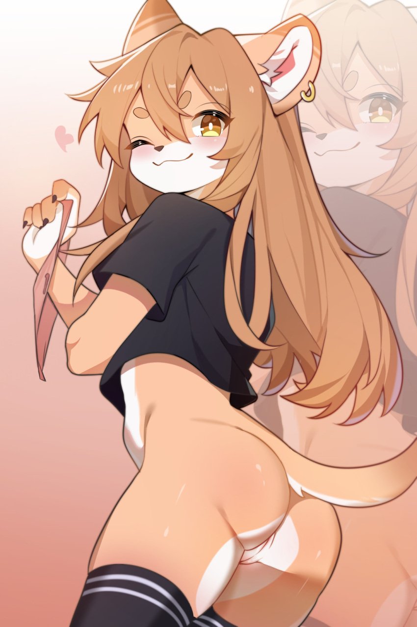 anthro ass bangs black_clothing black_legwear black_nose black_shirt black_thigh_highs black_topwear blush bottomless brown_eyes brown_hair claws clothed clothing crop_top digital_media_(artwork) ear_piercing ear_ring felid feline female fur genitals gradient_background hair hair_between_eyes heart_symbol hi_res holding_clothing holding_object holding_panties holding_underwear kemono legwear mammal mouth_closed multicolored_body multicolored_fur one_eye_closed panties panties_removed partially_clothed piercing pink_background pupils pussy ring_piercing shirt simple_background solo tan_body tan_fur thigh_highs topwear twilight_(cgkk4357) two_tone_body two_tone_fur underwear white_body white_fur white_pupils zoom_layer