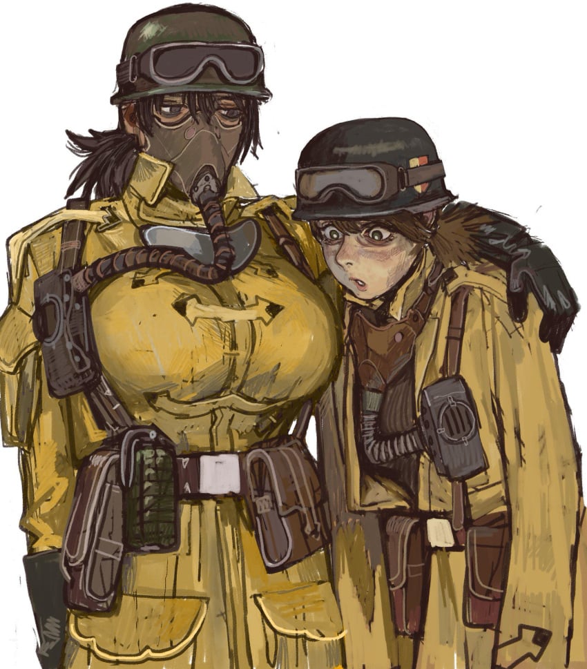 2girls ammo_pouch arm_around_neck arm_around_shoulders armageddon_steel_legion arms_around_neck arms_around_shoulders astra_militarum awe belt big_breasts breast_awe breast_envy breast_size_difference breasts_bigger_than_head brown_hair brown_hair brunette_hair cable cables coat envy female_only gas_mask gloves grenade helmet imperial_guard jealous mask masked military military_clothing military_hat military_uniform mossa mossacannibalis short_hair soldier soldier_uniform soldiers stare trench_coat trenchcoat tube tubes warhammer_(franchise) warhammer_40k