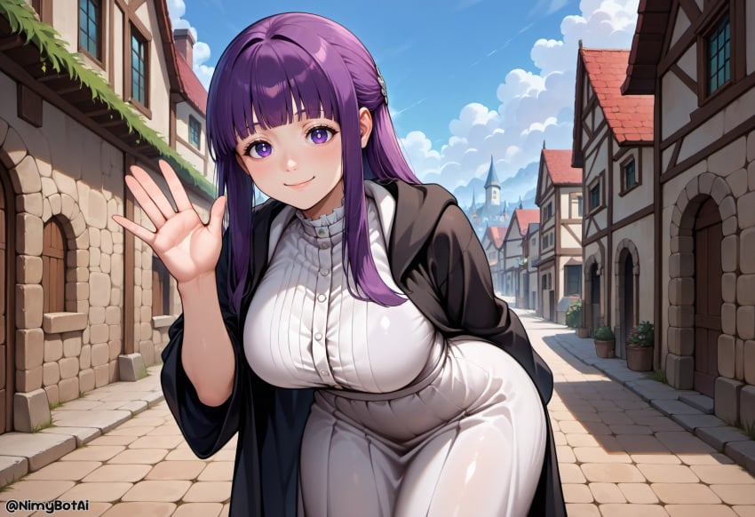 ai_generated arm_behind_back bangs blue_sky blunt_bangs blush breasts building closed_mouth cloud day dress female fern_(sousou_no_frieren) frieren_beyond_journey's_end high_resolution highres large_breasts leaning_forward long_hair looking_at_viewer nimybotai nimybotai outdoors purple_eyes purple_hair robe sidelocks sky smile solo sousou_no_frieren stable_diffusion waving white_dress