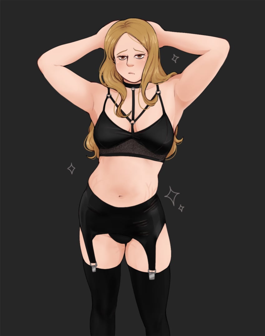 1female armpits arms_behind_head arms_up black_background black_harness black_leather black_legwear black_panties blonde_female blonde_hair blush bra brown_eyes colored digital_drawing_(artwork) digital_media_(artwork) female hairless_armpits harness hotfiresu human leather leather_clothing leather_harness long_hair navel oc original original_character shaded slightly_chubby slightly_chubby_female solo standing stretch_marks thick_thighs