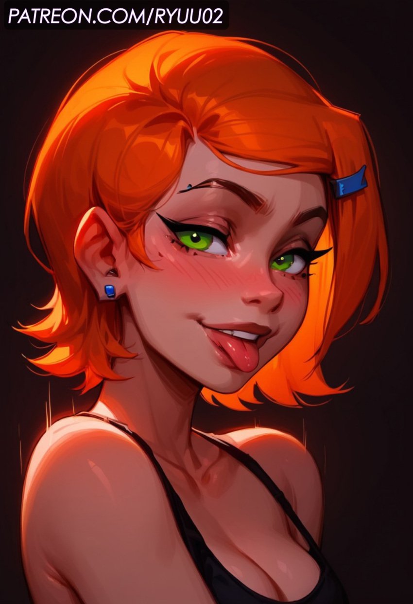 ai_generated ben_10 big_ass blush exposed_ass gwen_tennyson gwen_tennyson_(classic) looking_at_viewer medium_breasts portrait pose ryuuziken01 saliva seductive_look seductive_smile short_hair tanktop tongue_out