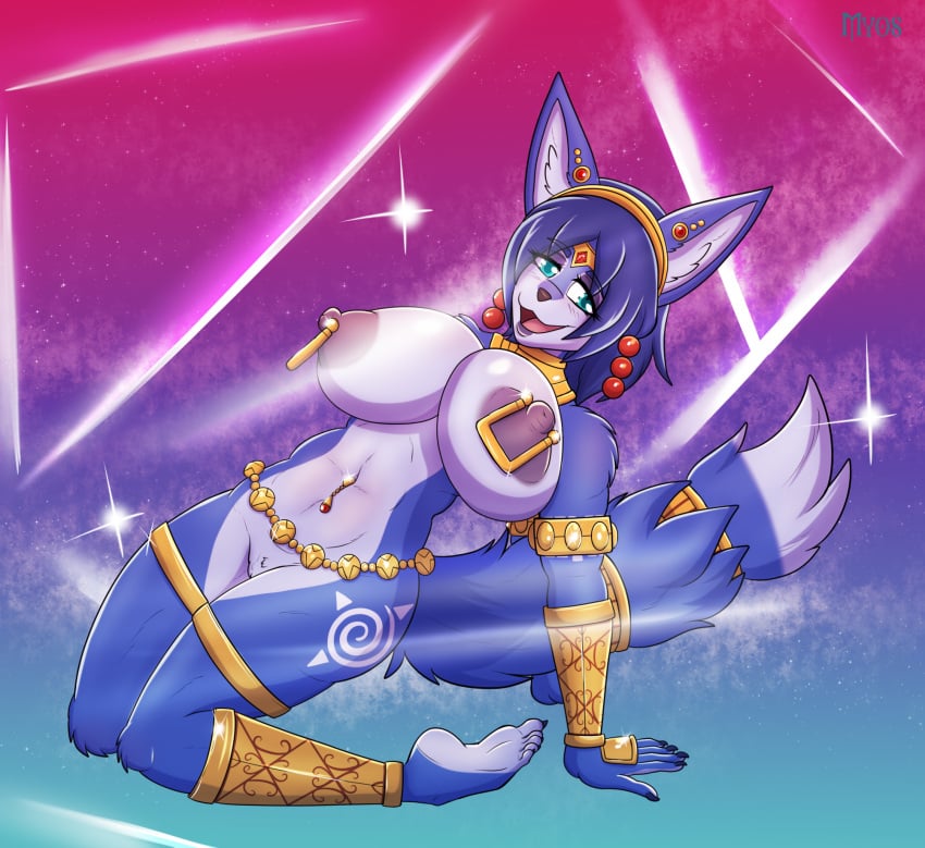 2024 5_fingers 5_toes accessory anthro arm_markings armlet big_breasts black_nose blue_body blue_fur blue_hair breasts canid canine ear_piercing feet female fingers fox fur furgonomics gold_(metal) gold_armlet gold_jewelry gold_tail_ring gold_thighlet hair hair_accessory hairband hi_res humanoid_feet humanoid_hands jewelry kneeling krystal krystal_(star_fox) leg_markings mammal markings multicolored_body multicolored_fur myos_(artist) navel navel_piercing nintendo nipple_piercing nipple_ring nipples nude nude_anthro nude_female open_mouth open_smile piercing plantigrade ring ring_piercing smile solo star_fox tail tail_accessory tail_jewelry tail_ring thigh_markings thighlet toes tongue tribal tribal_markings two_tone_body two_tone_fur white_body white_fur white_markings