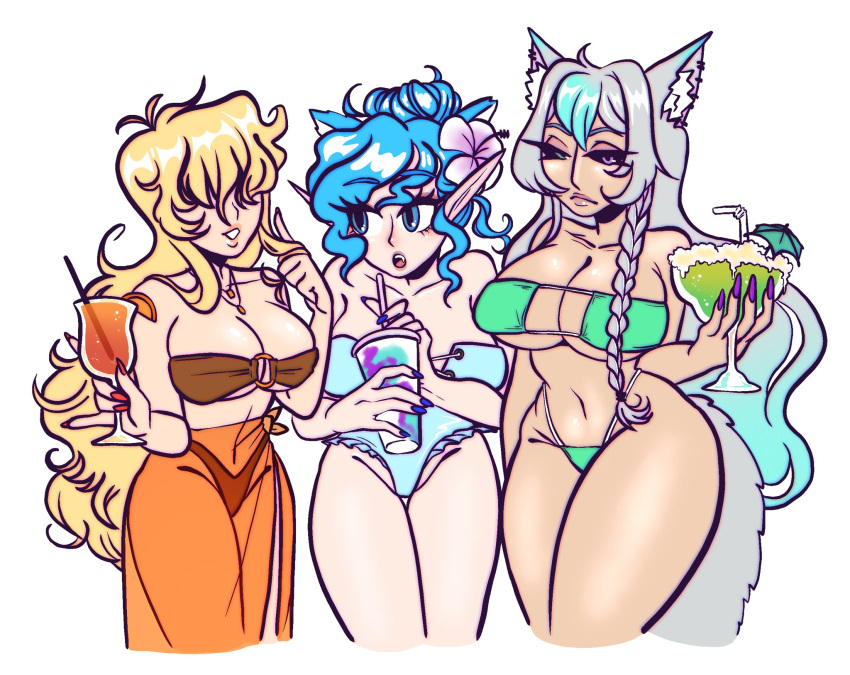 3girls animal_ears arrabbiatahoe big_breasts blonde_hair blue_hair breasts grey_hair huge_breasts indie_virtual_youtuber virtual_youtuber white_background