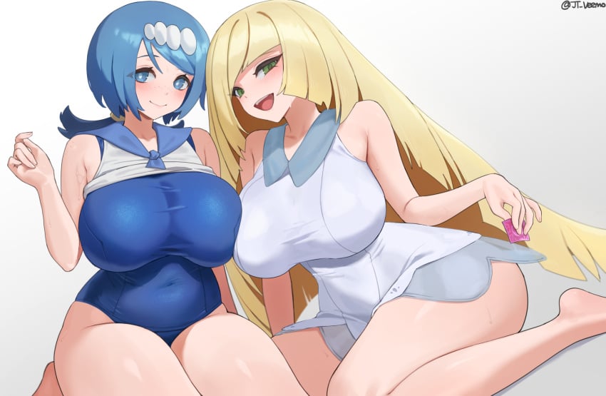 2girls alternate_breast_size as blonde_hair blue_eyes blue_hair breasts dress female game_freak green_eyes hi_res hips huge_breasts jtveemo lana's_mother_(pokemon) large_ass large_breasts long_hair lusamine_(pokemon) mature_female milf mother nintendo pokemon pokemon_sm thick_thighs thighs wide_hips