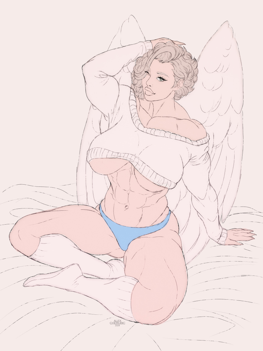 1girls abs alexcherubic angel female female_only flat_colors green_eyes muscular muscular_female original_character short_hair sitting sketch sweater underwear wings