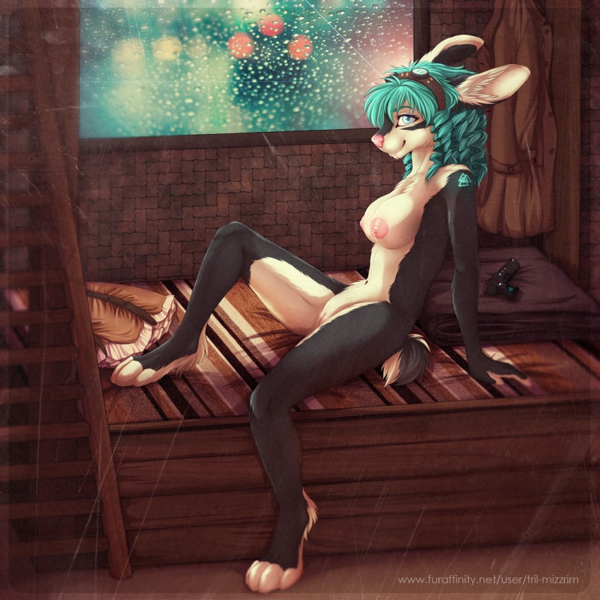 2014 anthro breasts cyan_eyes eyewear female goggles green_hair hair hi_res lagomorph mammal nipples nude pussy rabbit sitting smile solo tattoo tril-mizzrim