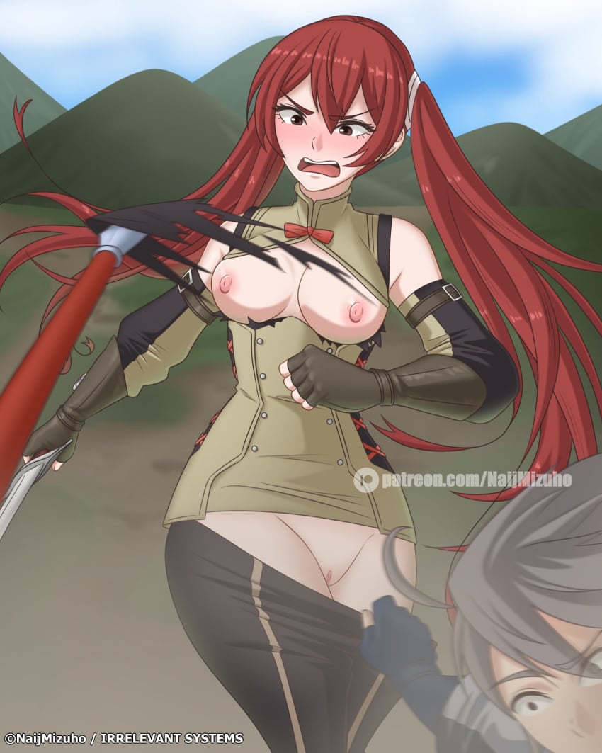 1boy accidental_exposure angry assisted_exposure blush breasts brown_eyes clothes_pull female fire_emblem fire_emblem_awakening highres holding holding_weapon inigo_(fire_emblem) lance medium_breasts naijmizuho nipples outdoors pants pants_pull polearm pubic_hair red_hair severa_(fire_emblem) surprised sword torn_clothes twintails wardrobe_malfunction weapon wide-eyed wide_hips