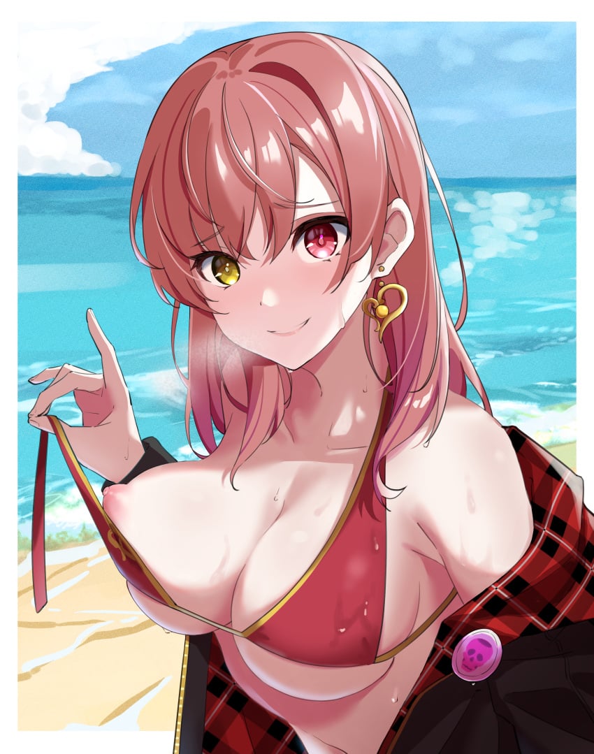 1girls absurdres badge beach bikini breasts breath button_badge cleavage collarbone earrings fuchi_(fuchi_1106) heart heart_earrings heterochromia highres hololive houshou_marine houshou_marine_(summer) jacket jewelry large_breasts looking_at_viewer navel nipple_slip nipples ocean off_shoulder official_alternate_costume parted_lips red_eyes red_hair sand smile solo straight_hair sweat swimsuit untied_bikini untying upper_body virtual_youtuber water wet wet_clothes wet_swimsuit yellow_eyes