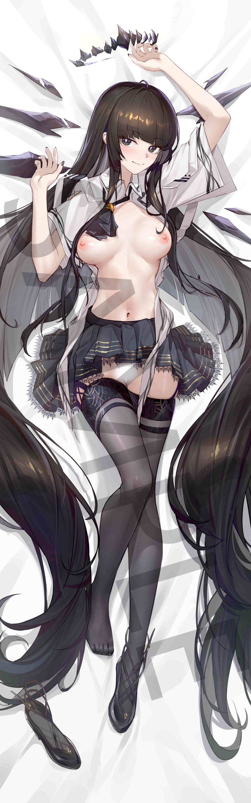 1girls absurdly_long_hair absurdres ahoge alternate_breast_size arknights arms_up ascot bed_sheet black_ascot black_eyes black_footwear black_garter_straps black_hair black_halo black_nails black_skirt black_thighhighs black_wings blunt_bangs blush breasts breasts_apart bright_pupils broken_halo censored closed_mouth collared_jacket colored_inner_hair dakimakura_(medium) dark_halo detached_wings energy_wings eyelashes feet fingernails from_above full_body garter_straps grey_hair hair_spread_out halo high_heels highres hime_cut incredibly_absurdres jacket knee_up knees lace lace-trimmed_skirt lace_trim large_breasts legs light_smile lips long_hair looking_at_viewer lying miniskirt mole mole_under_eye multicolored_hair nail_polish navel nipples no_shirt no_shoes on_back open_clothes open_jacket pale_skin pleated_skirt puffy_nipples sample_watermark saw272 see-through_clothes see-through_legwear shadow shiny_clothes shiny_legwear shiny_skin shoes short_sleeves sidelocks skirt slit_pupils solo stomach straight_hair strap strappy_heels thighhighs thighs toenails toes two-tone_hair unworn_shoes variant_set very_long_hair virtuosa_(arknights) watermark white_jacket white_pupils wide_sleeves wing_collar wings