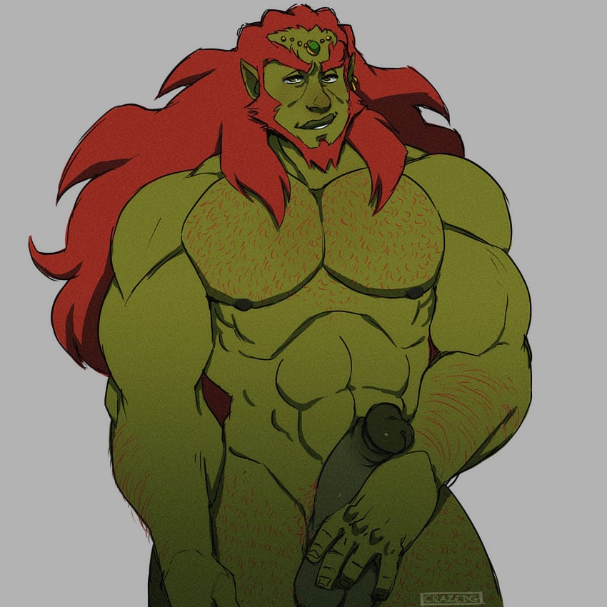 1boy abs armpit_hair balls ballsack barazoku beard big_penis body_hair boner chest_hair crazedg crown ear_piercing earrings erect_penis erection facial_hair fire_crotch foreskin fully_retracted_foreskin ganondorf ganondorf_(hyrule_warriors) gerudo green_skin grin hair hairy hands_behind_head head_piece hi_res humanoid humanoid_penis hyrule_warriors intact king long_hair long_hair_male looking_at_viewer male male_nipples male_only male_pubic_hair manly masculine mature_male muscular muscular_male nintendo nipples nude nude_male pecs penis pose pubes raised_arm red_hair regalia royal_rod royalty sagging_balls scrotum smile smirk solo standing teeth testicles the_legend_of_zelda uncut video_games