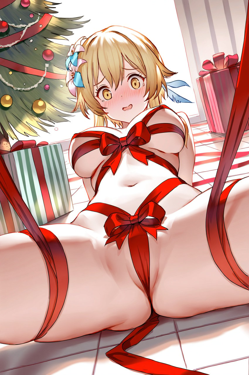 absurd_res ai_generated christmas genshin_impact gift half_naked large_breasts lumine_(genshin_impact) medium_breasts ministro raped red_ribbon ribbon ribbon_bondage ribbons tree visible_nipples wrapped