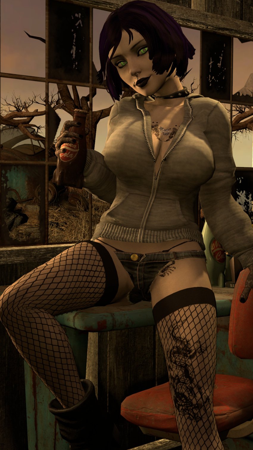 3d bioshock bioshock_infinite black_hair busty dinoboy555 elizabeth_comstock fallout female female_focus female_only green_eyes hourglass_figure makeup nuka-cola pale-skinned_female pale_skin piercing punk punk_girl sitting tagme tattoo wasteland wide_hips