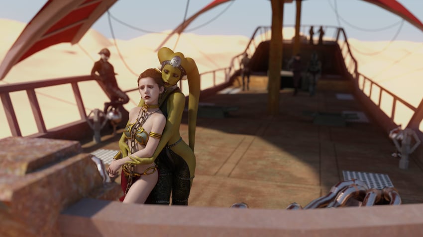 3d alexbridger belly_dancer belly_dancer_outfit braided_hair brown_eyes brown_hair chain_leash chained dancer dancer_outfit enslaved_royal femsub green_skin harem harem_girl harem_outfit hug hug_from_behind long_hair medium_breasts oola princess_leia_organa sail_barge slave slave_bikini slave_collar slave_leia slave_outfit slavegirl star_wars submissive_female tatooine twi'lek