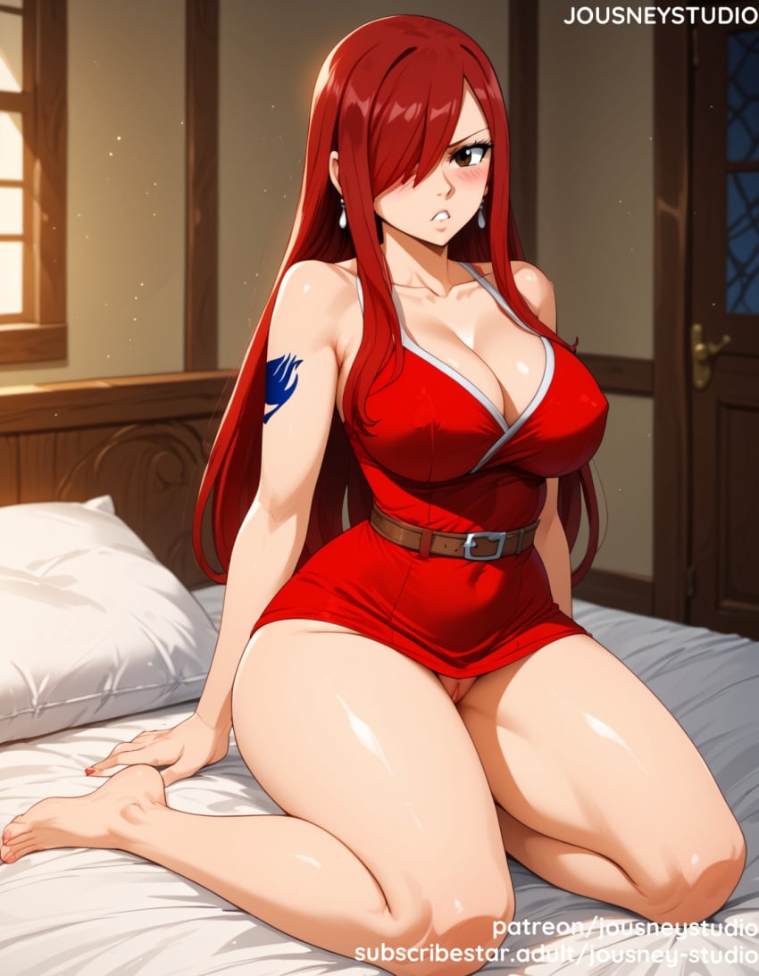 ai_generated arm_tattoo bangs bare_arms bare_legs bare_shoulders barefoot bed bed_sheet bedroom belt bent_knees blush breasts brown_belt brown_eyes clavicle cleavage clenched_teeth closed_mouth clothing covered_navel curtains curvaceous dress earrings erza_scarlet fairy_tail feet female female female_only female_pubic_hair hair_over_one_eye indoors jewelry jousneystudio large_breasts legs light-skinned_female lips long_hair looking_at_viewer nail_polish on_bed pantsu parted_lips pillow pubic_hair red_dress red_hair red_nails short_dress shoulder_tattoo sitting sleeveless smile solo tattoo thick_thighs thighs toes underwear very_long_hair window