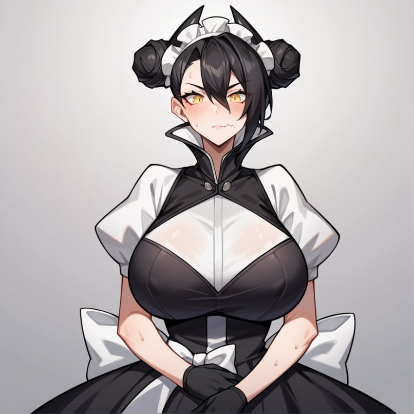 1girls after_fellatio agent_(girls&#039;_frontline) ai_generated asymmetrical_hair black_hair black_horn blush double_bun girls&#039;_frontline hair_between_eyes huge_breasts kao140522 maid maid_headdress pubic_hair stray_pubic_hair sweat yellow_eyes