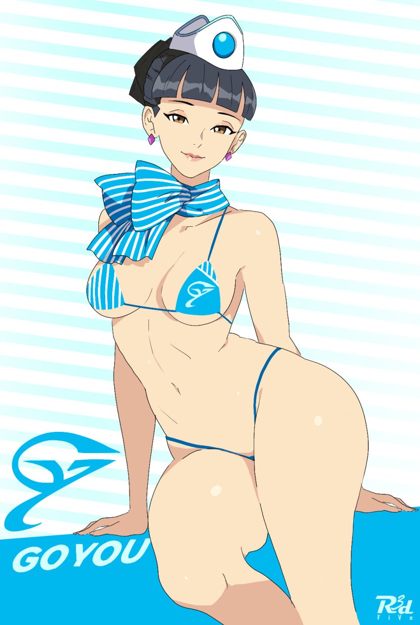 1girls bikini black_hair breasts brown_eyes cloth_gag curvy earrings female female_only femsub flight_attendant gyakuten_saiban harness hat large_breasts navel nipples nude r3dfive restrained rhoda_teneiro scarf stewardess tears