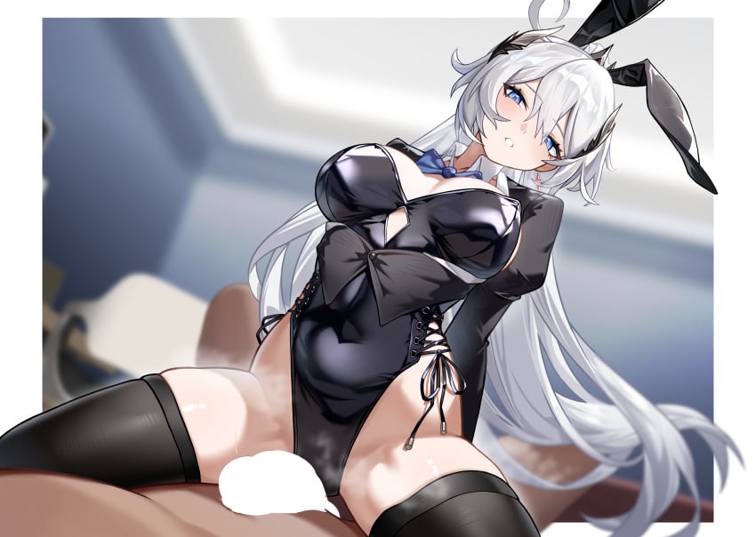 1boy absurdres animal_ears black_leotard blank_censor blue_eyes breasts censored cleavage cowgirl_position detached_collar fake_animal_ears female highres honkai_(series) honkai_impact_3rd huiqian kiana_kaslana kiana_kaslana_(herrscher_of_flamescion) large_breasts leotard open_mouth playboy_bunny ponytail rabbit_ears sitting sitting_on_person spread_legs straight strapless thighhighs white_hair