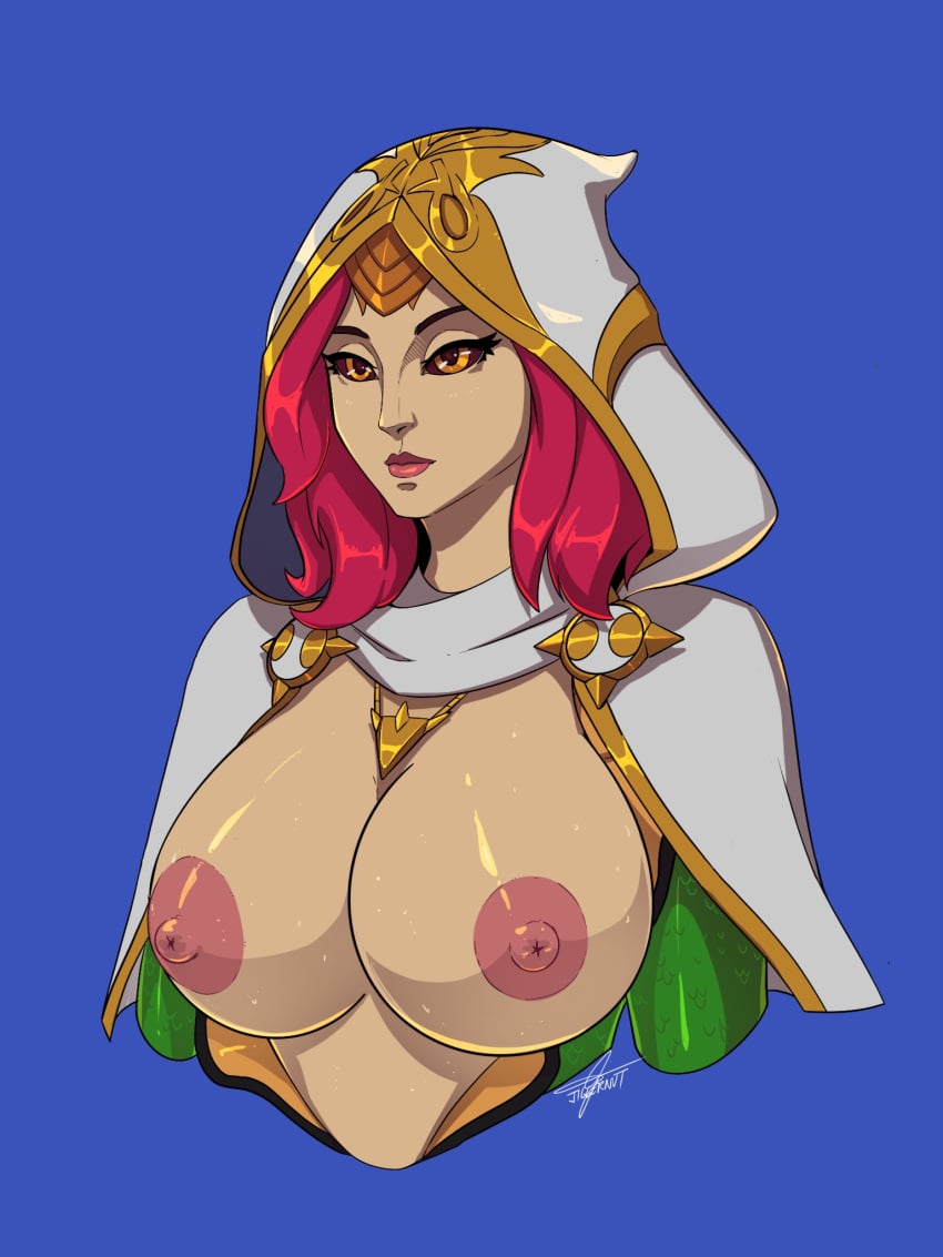 2024 bust_portrait cleric commission commissioner_upload female female_only ginger headgear hood hooded_cloak jiggernut league_of_legends legends_of_runeterra long_hair marai merfolk mermaid monster_girl nami_(league_of_legends) orange_eyes priestess red_hair red_hair rift_quest_series topless