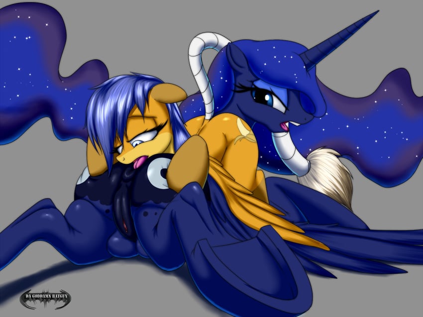 2girls alicorn anal anilingus anus ass blue_eyes blue_fur blue_hair brown_fur crotchboob crotchboobs cutie_mark da_goddamn_batguy duo equine female friendship_is_magic furry grey_background hair half-closed_eyes horn lying mammal my_little_pony on_front open_mouth oral original_character pegasus plain_background princess_luna_(mlp) pussy rimming shaded shadow sparkles tail tail_tuft text tongue tongue_out tuft underhoof wings yuri