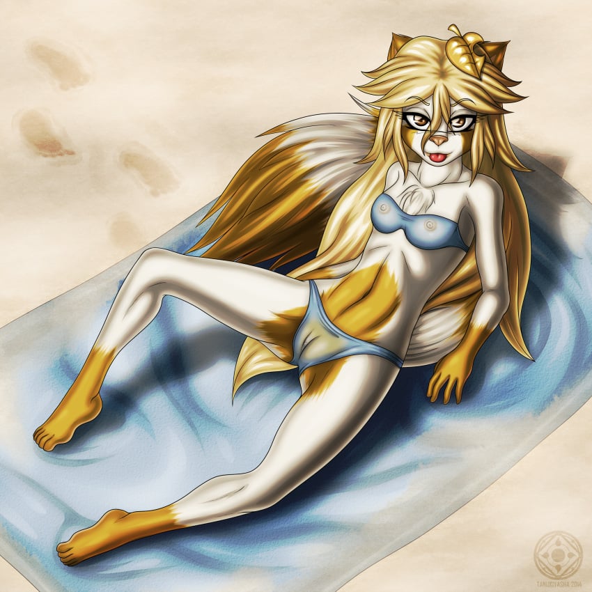 2014 absurd_res anthro areola blonde_hair breasts brown_eyes chest_tuft clothed clothing eyebrows female fur hair hi_res long_hair looking_at_viewer nipples pussy shadow solo swimsuit tanuki tanukiyasha tongue tuft yoko