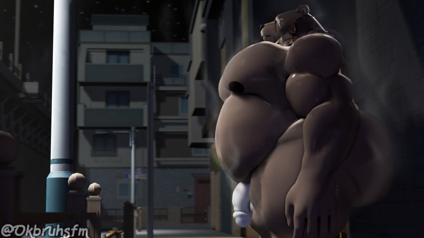 anthro ass bear ben_bigger big_butt bulge detailed_background genitals glans hi_res male mammal mihoyo muscular muscular_male nipples nude ok_bruh overweight overweight_male penis public public_nudity solo steam thick_thighs zenless_zone_zero