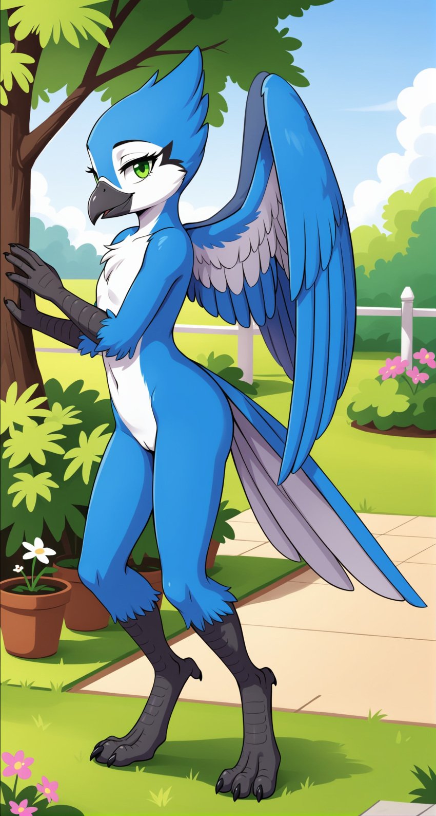 1girls 2024 ai_generated anthro avian beak bird black_beak blue_body blue_feathers blue_jay digitigrade female female_only garden green_eyes hand_on_tree hi_res innie_pussy looking_at_viewer nude nude_female outdoors pussy smile white_body white_feathers wings