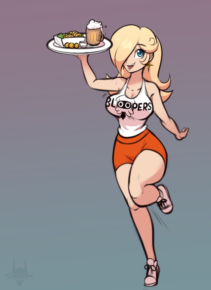 beer big_breasts blonde_hair blooper blue_eyes food high_resolution highres hooters hooters_uniform mario_(series) open_mouth princess_rosalina scorpdk sneakers super_mario_bros. super_mario_galaxy thick_thighs