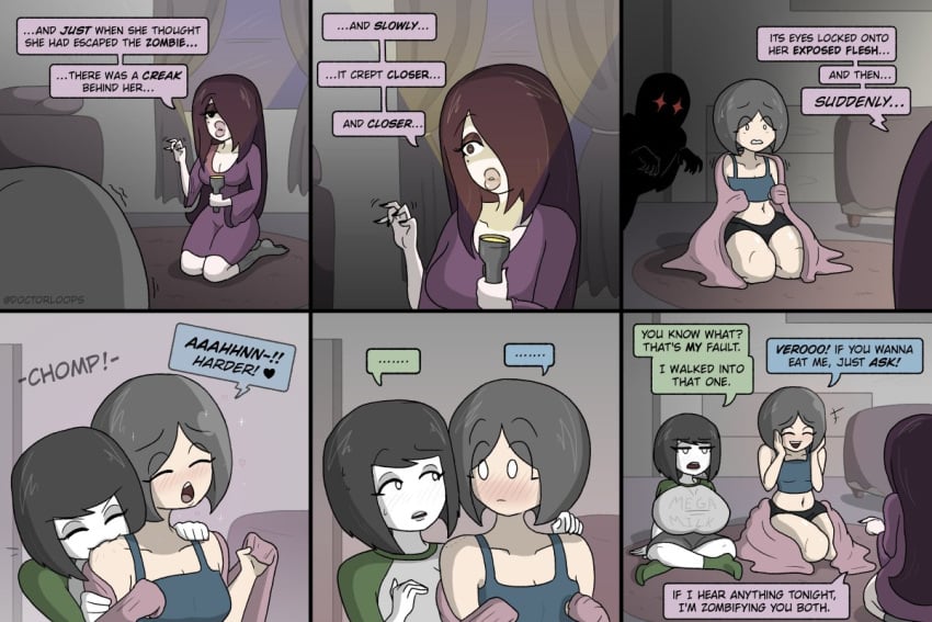 2023 big_breasts biting blush bob_cut clothing comic doctorloops fear flashlight funny humor layla_(doctorloops) mona_(doctorloops) spooky text veronica_(doctorloops) veronica_and_mona