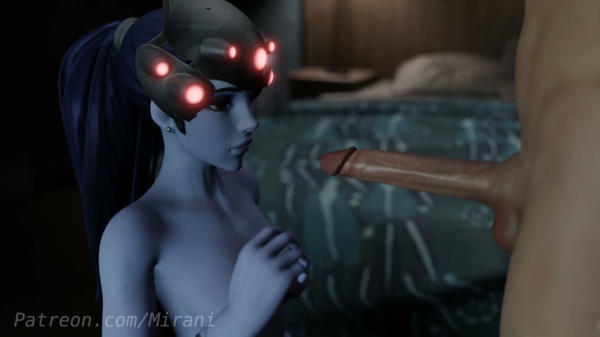 1boy 1girls 3d 3d_model arm_tattoo bedroom breasts breasts female helmet hesitant low_light nude nude_female nude_male overwatch penis purple_hair purple_skin tagme thinking widowmaker yellow_eyes