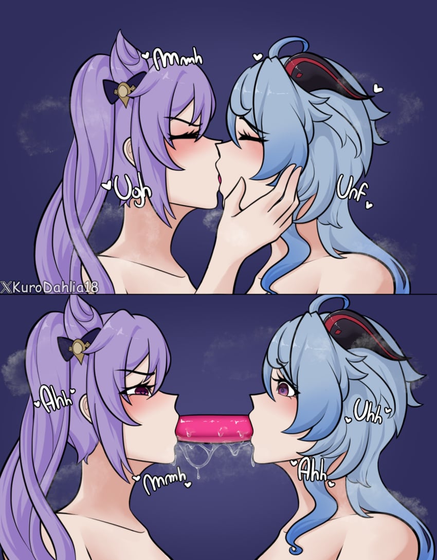 2girls deepthroat dildo female female_only ganyu_(genshin_impact) keqing_(genshin_impact) kissing kurodahlia18 looking_at_another open_mouth yuri zoophilia