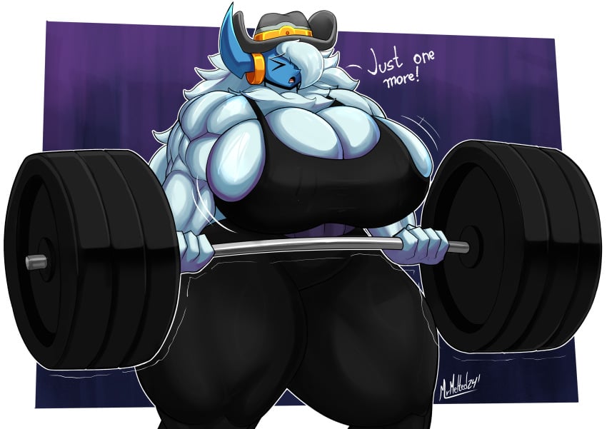 1girls biceps big_breasts breasts busty closed_eyes clothing commission dialogue female female_only hat horns huge_breasts large_breasts mrmelted muscular muscular_female original original_character png solo talking_to_self text thick_thighs thunder_thighs weightlifting wide_hips workout