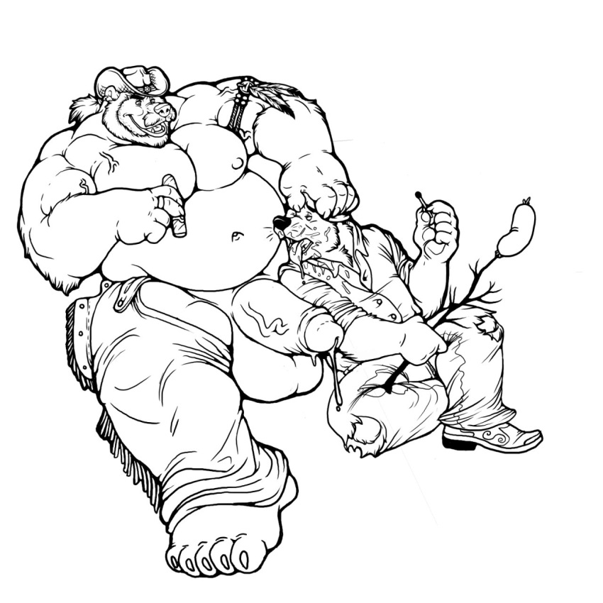 anthro bear beard big_muscles chaps chubby cigar cum cum_in_mouth cum_inside dramamine facial_hair fur furry furry_only hat male mammal match monochrome multiple_males musclegut muscles oral sausage size_difference yaoi