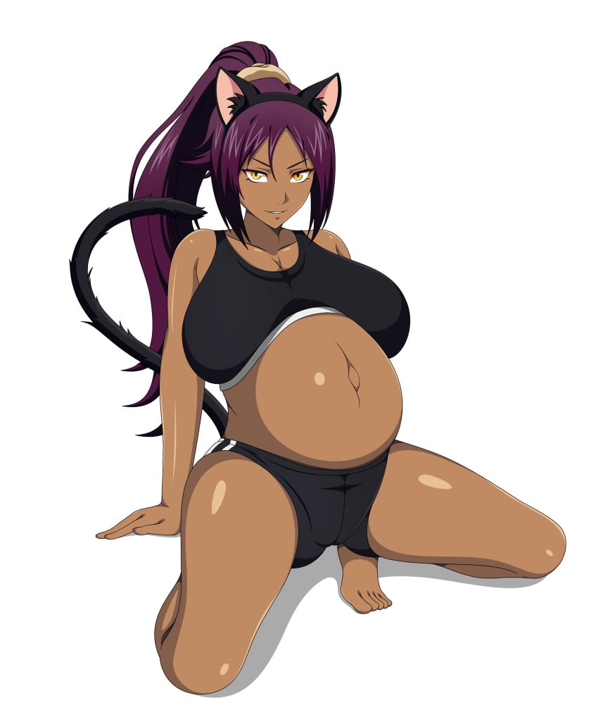 1girls atri belly big_belly bleach bra cat_ears dark-skinned_female dark_skin female panties pregnant shihouin_yoruichi solo