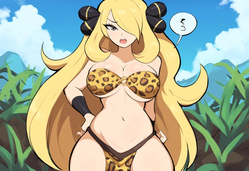 1girls ai_generated big_breasts blonde_hair cavewoman cynthia_(pokemon) day forest jungle jungle_girl loincloth mullon novelai ooga_booga pokemon pokemon_dppt prehistoric primitive savage solo stone_age tarzan tribal unga_bunga unga_unga