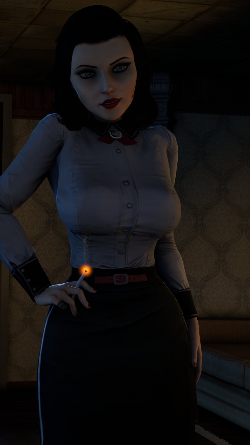 3d big_breasts bioshock bioshock_infinite black_hair blue_eyes breasts burial_at_sea busty cigarette dinoboy555 elizabeth_comstock elizabeth_comstock_(burial_at_sea) female female_focus hourglass_figure large_breasts long_hair makeup pale-skinned_female pale_skin tagme wide_hips