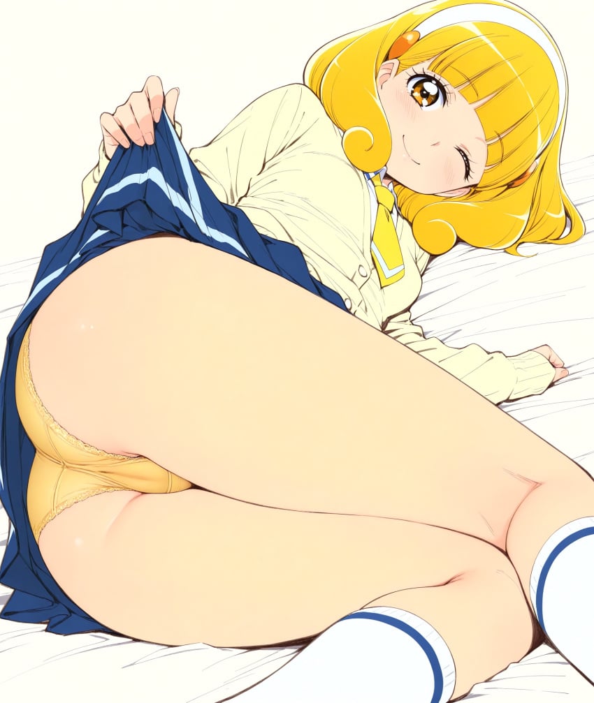 1girls 2024 ai_generated female female_only lying lying_on_side panties precure presenting_pussy pretty_cure skirt_lift smile_precure tagme utamaru yayoi_kise