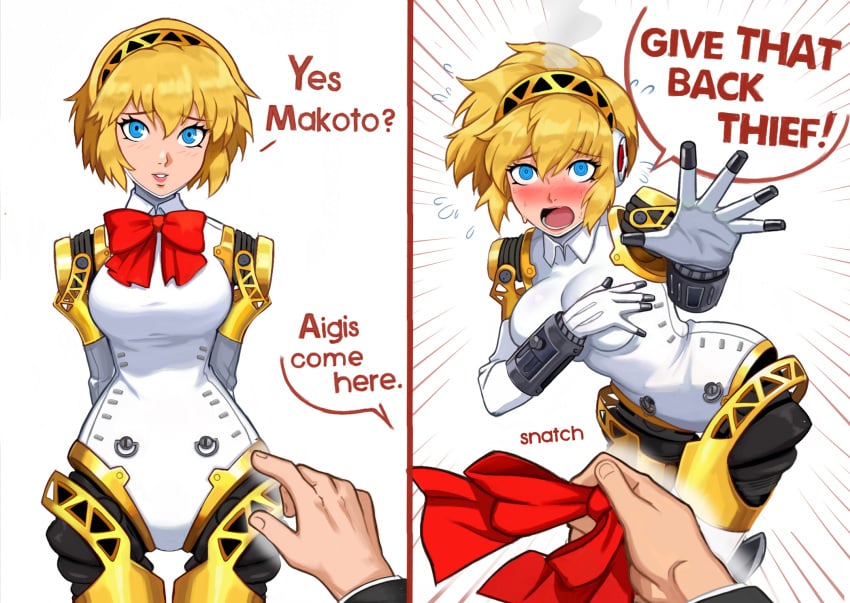 1boy aegis_(persona) aigis_(persona) android arms_behind_back bent_over blonde_hair blue_eyes blush bow breasts comic commentary covering_breasts covering_privates embarrassed emphasis_lines english_commentary english_text female flying_sweatdrops hairband head_steam highres joints makoto_yuki medium_breasts meme neggoartz open_mouth persona persona_3 pink_lips pov pov_hands red_bow robot_joints thigh_gap typo unworn_bow yellow_hairband yuuki_makoto_(persona_3)