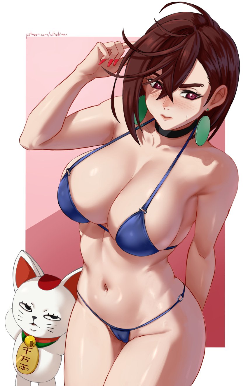 averting_eyes ayase_momo bikini black_choker blue_bikini blush breasts brown_eyes brown_hair cameltoe choker cleavage covered_nipples crossed_bangs dandadan earrings embarrassed female hair_between_eyes halterneck jewelry large_breasts maneki-neko navel patreon_username pendant_earring red_nails short_hair simple_background string_bikini swimsuit thighs turbo_granny ultrabinou