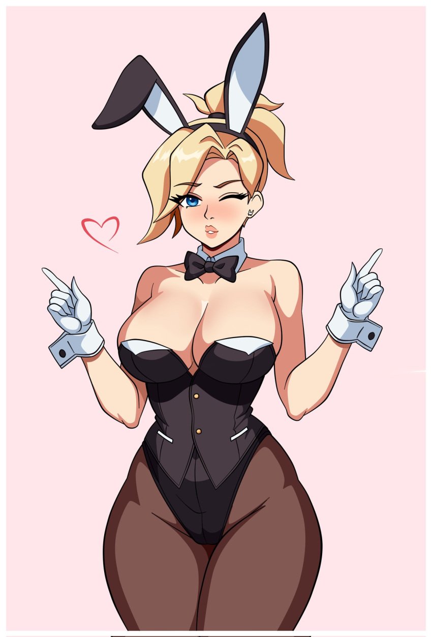 blonde_hair blue_eyes breasts bunnysuit female female_only mercy one_eye_closed overwatch overwatch_2 solo woomy1010