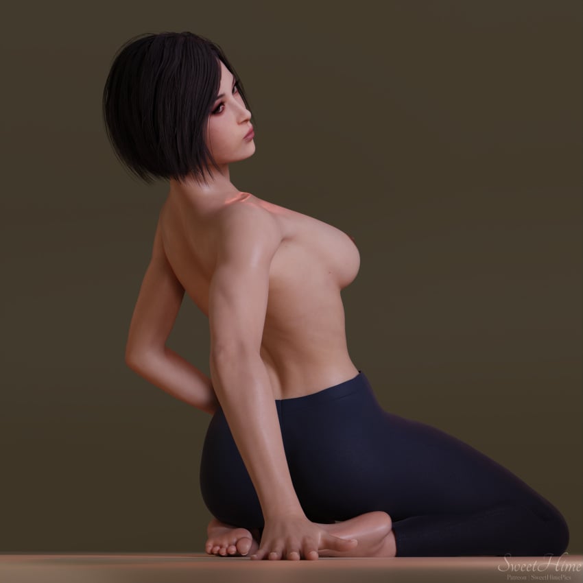 1girls 3d ada_wong ada_wong_(adriana) kneeling leggings looking_back muscles resident_evil short_hair simple_background solo sweat sweethime triceps