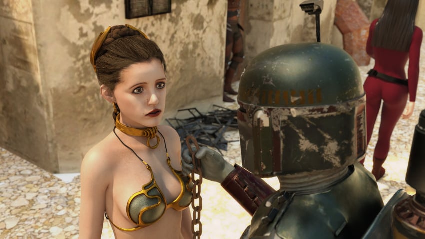 1boy 2girls 3d alexbridger ass belly_dancer belly_dancer_outfit black_hair boba_fett bodysuit braided_hair brown_eyes brown_hair chains cleavage enslaved_royal harem harem_girl harem_outfit long_hair mandalorian mandalorian_armor medium_breasts princess_leia_organa skintight_bodysuit slave slave_bikini slave_collar slave_leia slave_outfit slavegirl tatooine